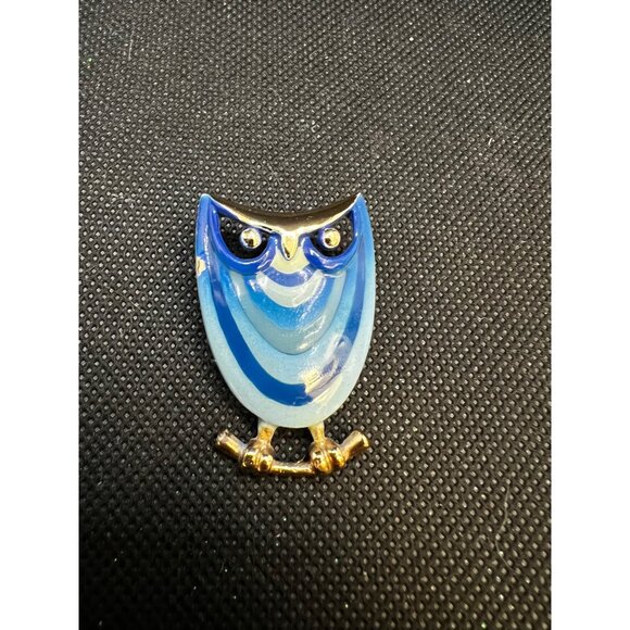 Eisenberg Enamel Blue Owl Brooch Pin With Gold Accents & Rhinestone Eyes - Picture 1 of 10